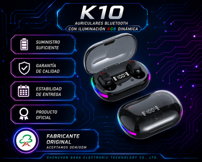 Auriculares Bluetooth K10 con iluminación RGB dinámica